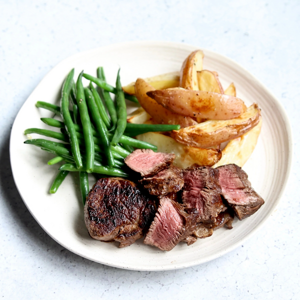 Eye Fillet Steaks with Green Beans and Roasted Potato Wedges