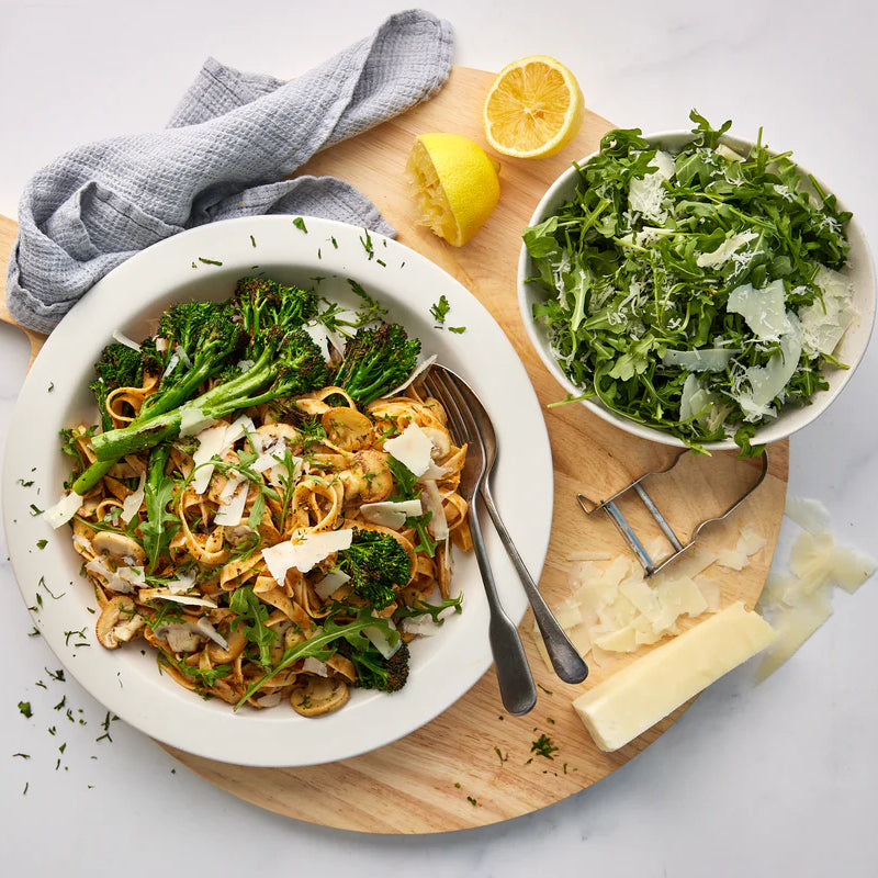 Sundried Tomato Pesto Tagliatelle with Mushrooms and Broccolini