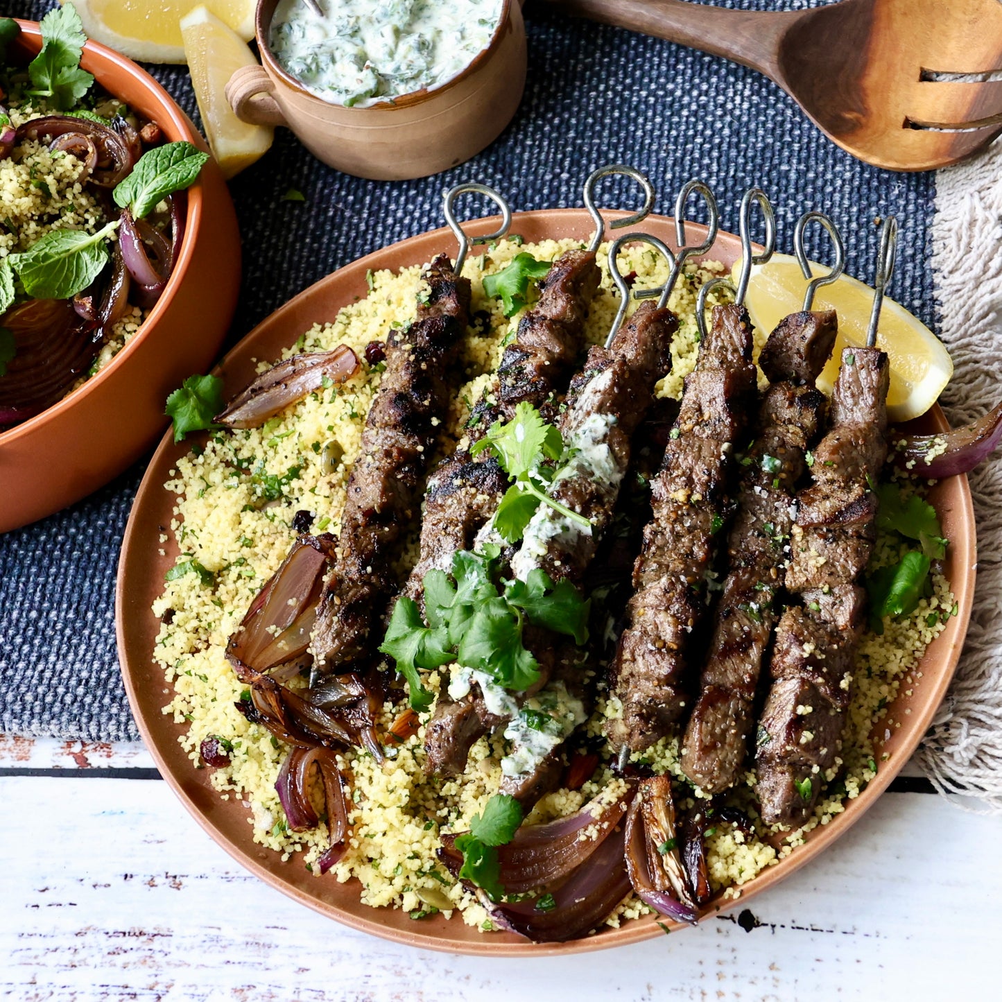Organic Lamb Skewers with Couscous Salad and Herb Lemon Yoghurt