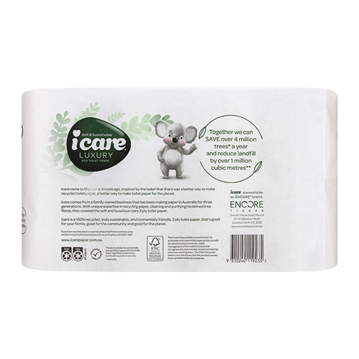 icare Eco Toilet Tissue Paper 3 Ply 180 Sheets x8