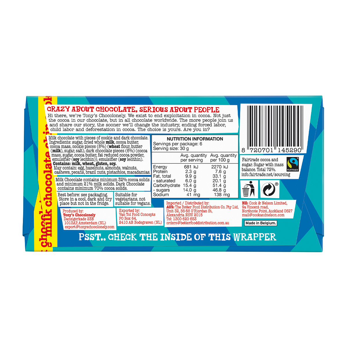Tony's Chocolonely Milk Chocolate Chip Cookie 180g