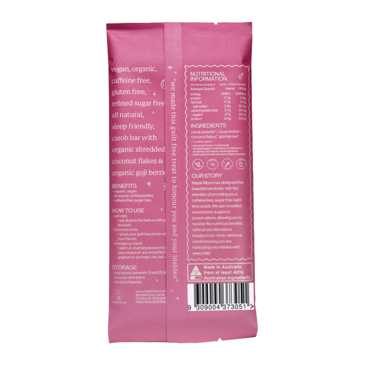 Maple Moon Carob Bar Shredded Coconut & Goji Berries 90g