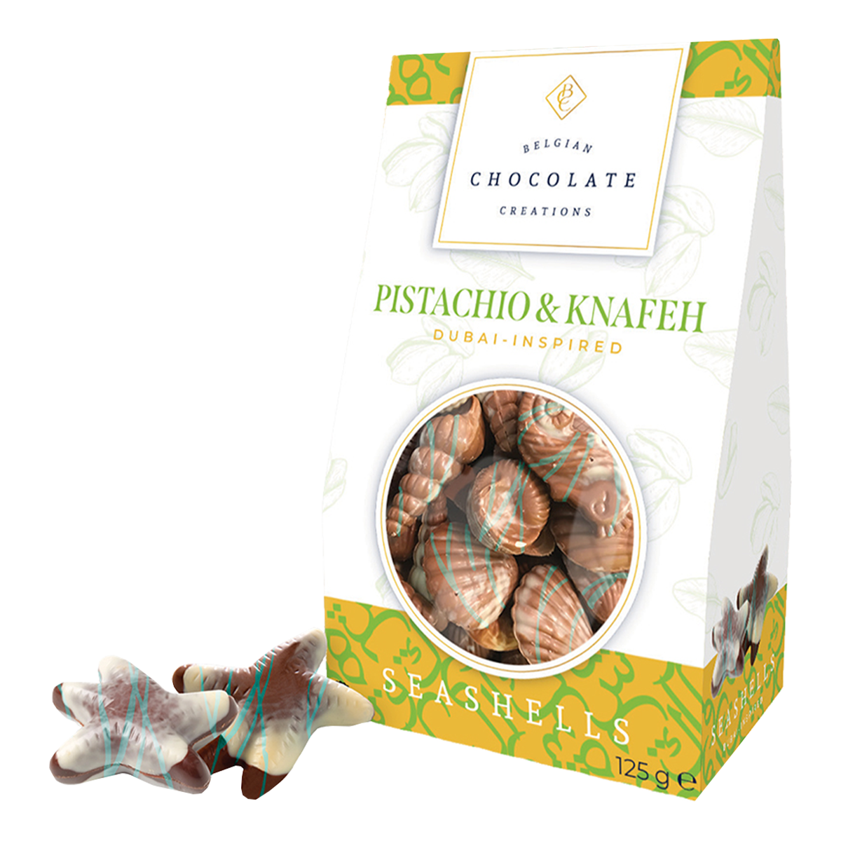 Belgian Chocolate Creations Pistachio & Knafeh Dubai Seashells 150g