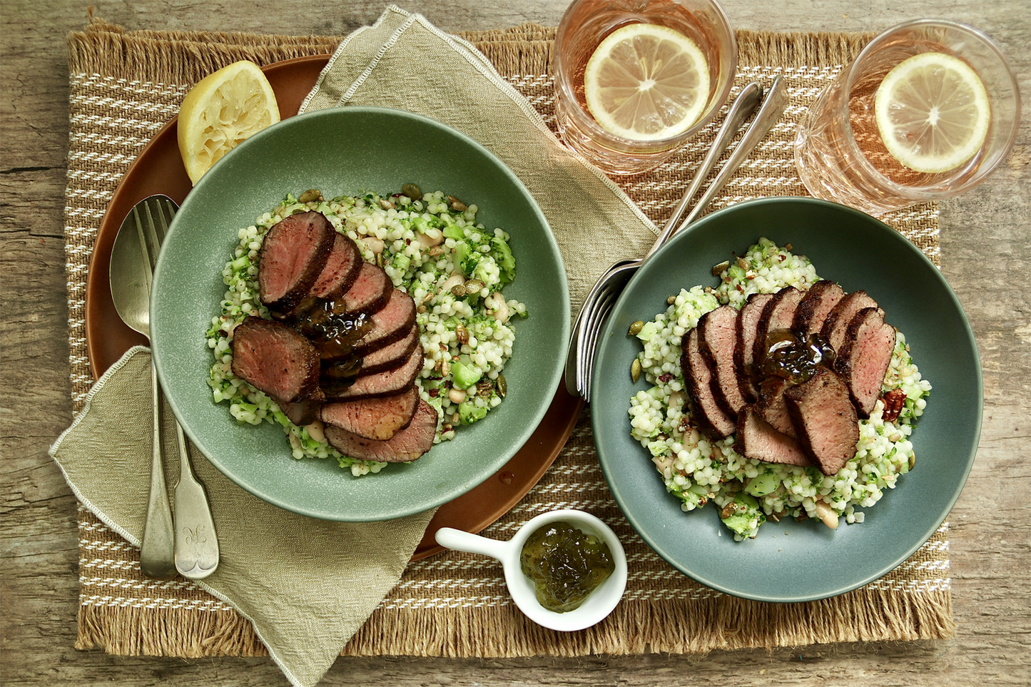Lamb Backstrap - with Giant Couscous, Cannellini Bean, Broccoli and Mint Jelly