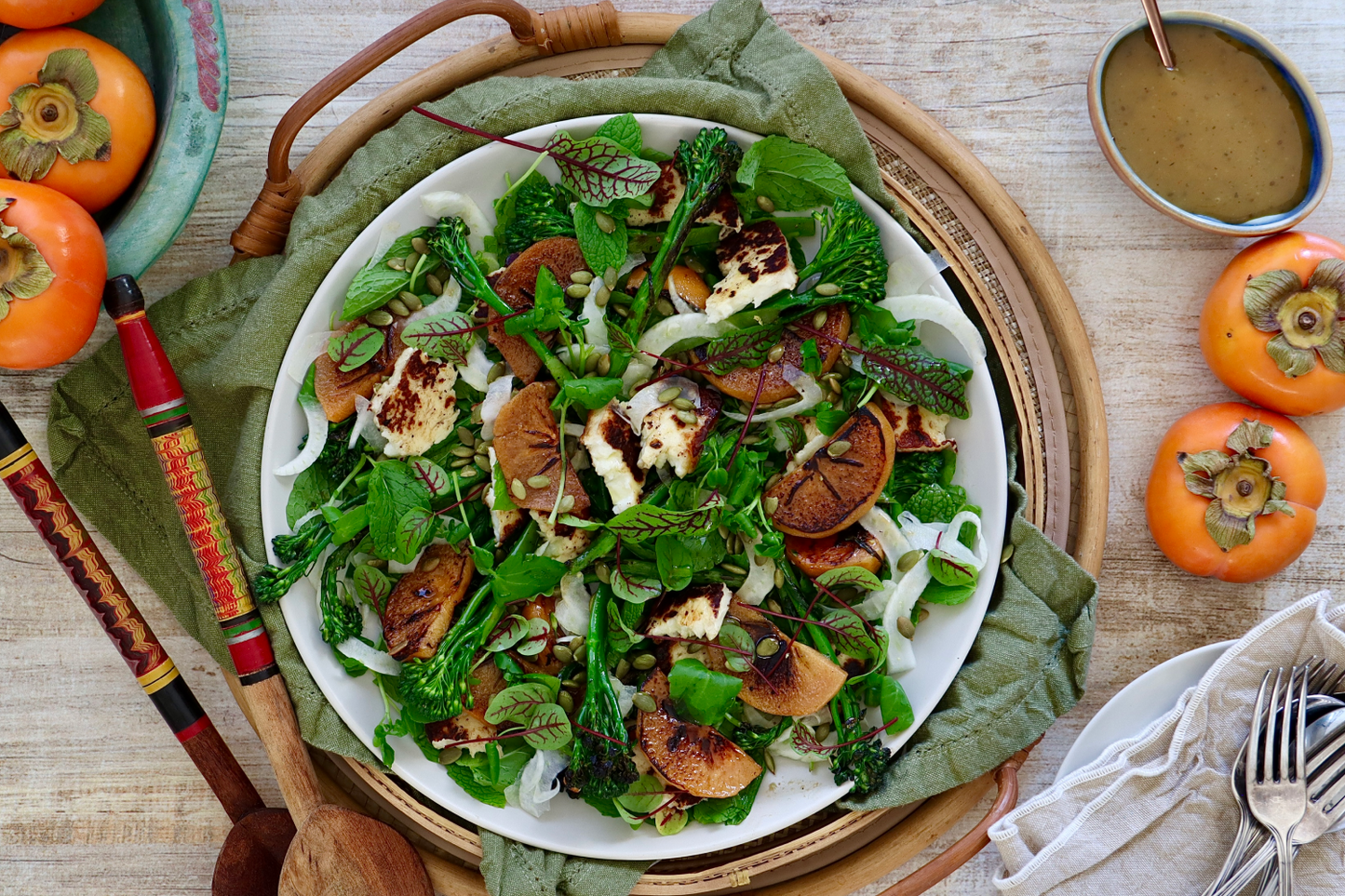 Grilled Fuyu Fruit, Halloumi and Broccolini Salad