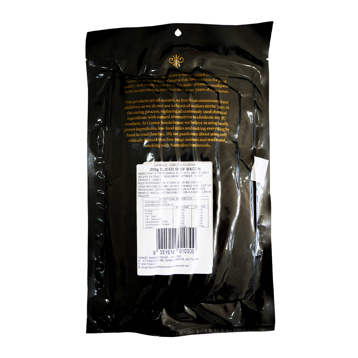 Gamze Smokehouse Nitrite Free Free Range Beef Bacon 200g