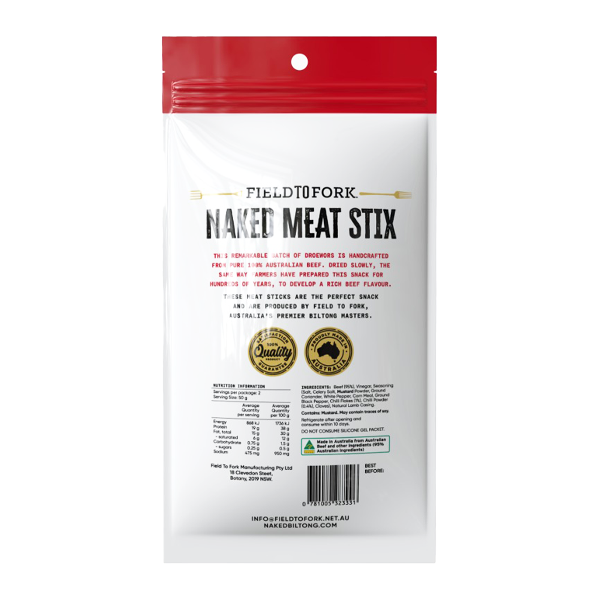 Field To Fork Naked Meat Stix Chili Droewors 100g