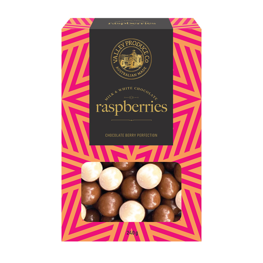 Valley Produce Co Milk & White Chocolate Raspberries 220g