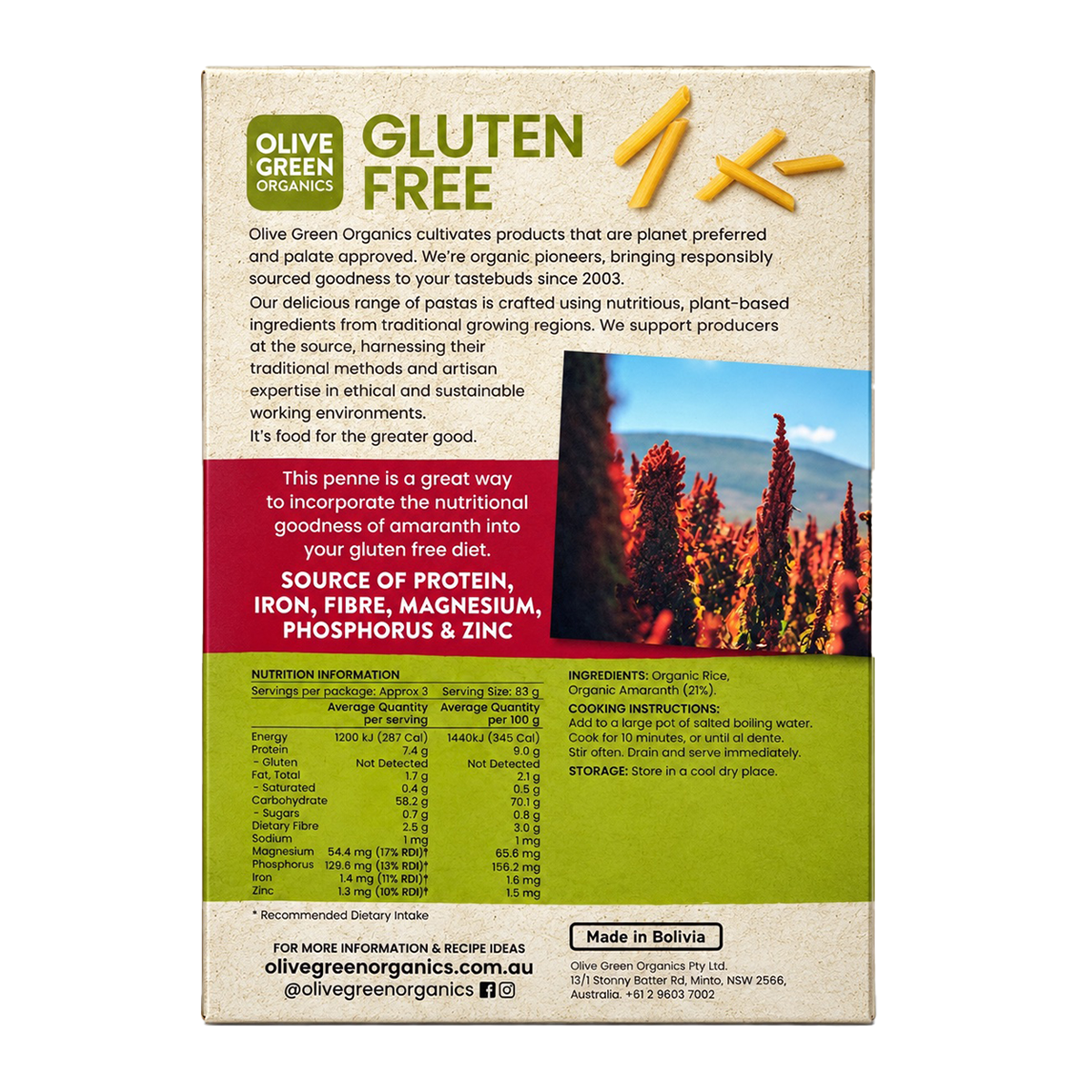 Olive Green Organics Amaranth and Rice Penne Gluten Free 250g