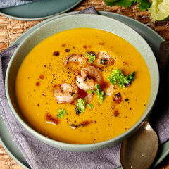 Southeast Asian Style Pumpkin Soup - with Garlic Prawns