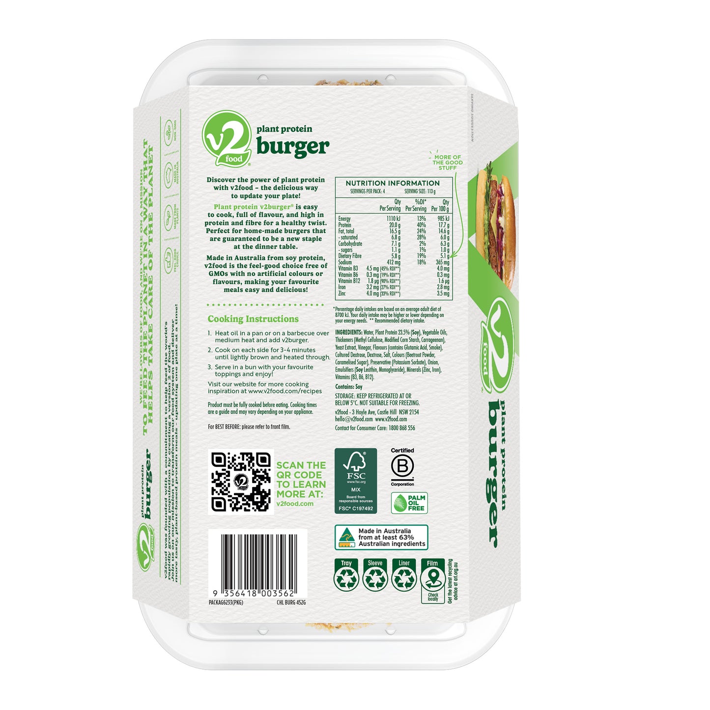 V2Food Plant Protein Burgers x4 452g