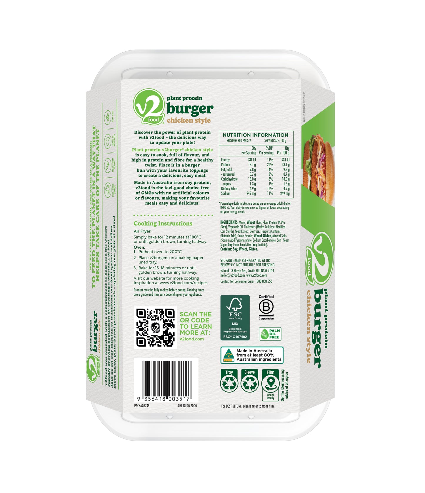 V2Food Vegan Chicken Style Burger x2 250g