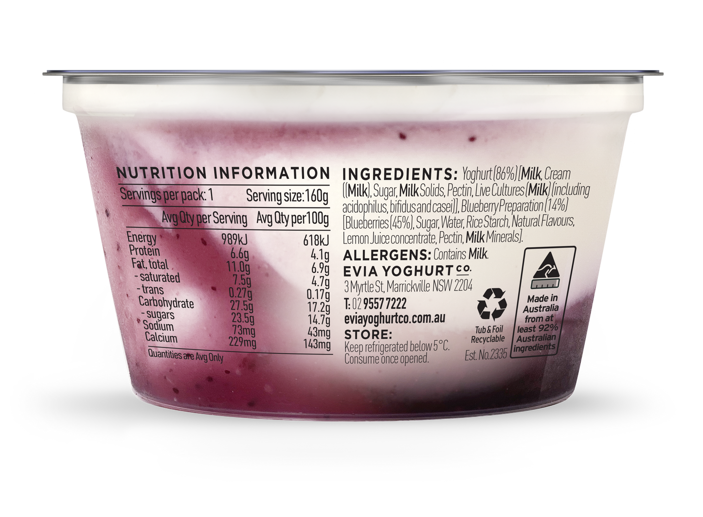 Evia Greek Yoghurt Blueberry 160g