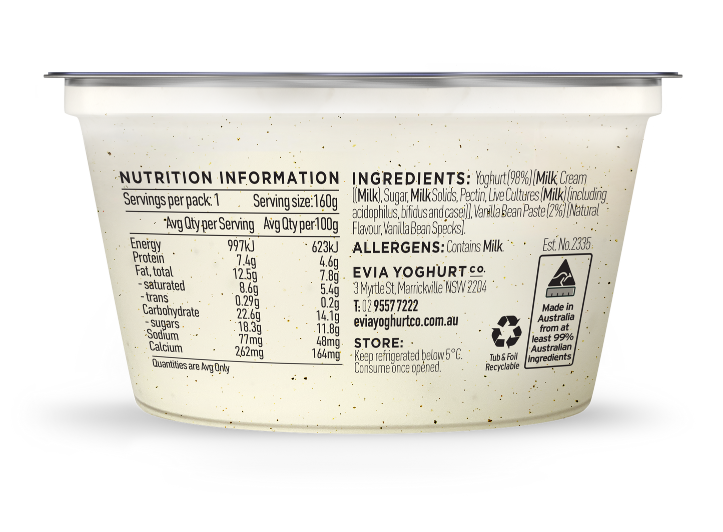Evia Greek Yoghurt Vanilla Bean 160g