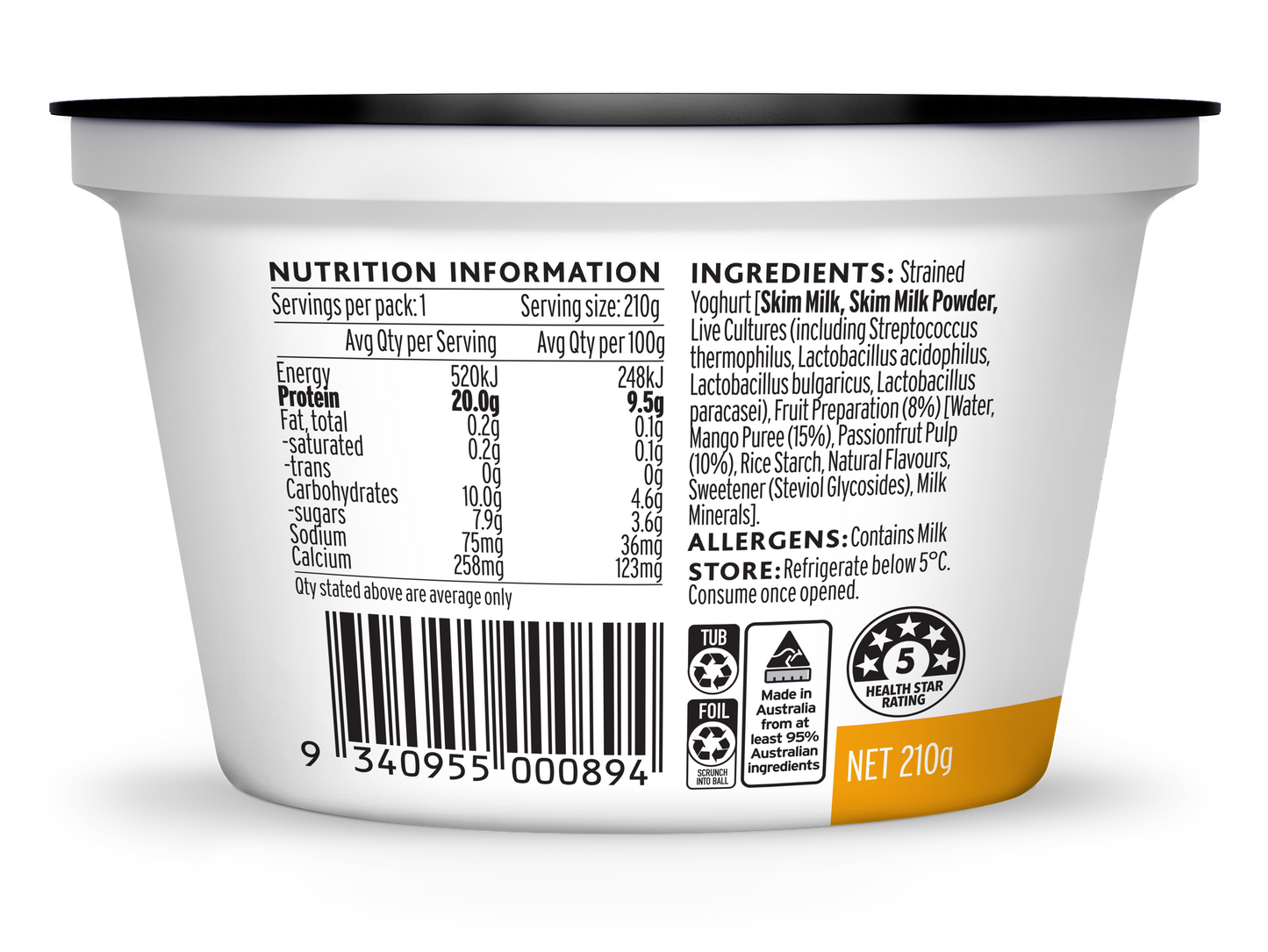 Evia Protein Yoghurt Mango Passionfruit 210g