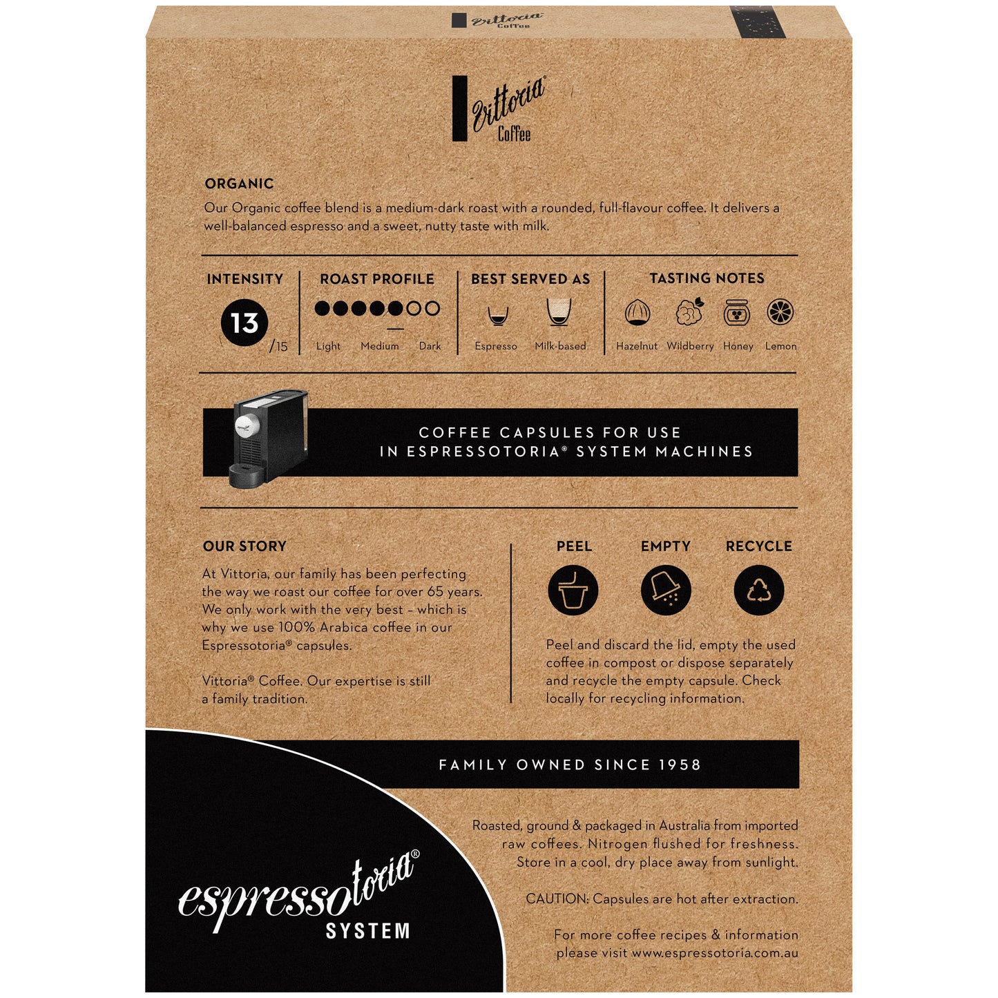 Vittoria Coffee Capsules Organic Espresso Espressotoria System x12 78g