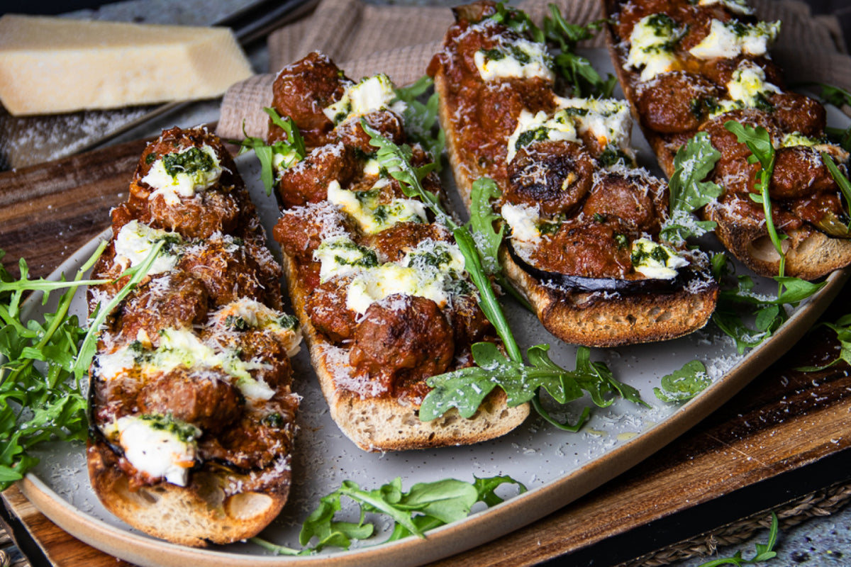 Italian Beef Meatballs and Grilled Eggplant Baguette