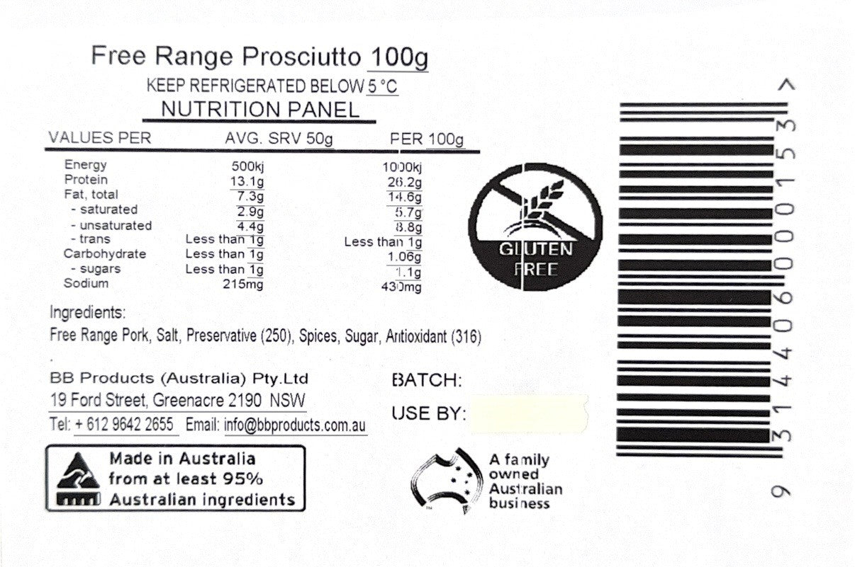 B-B Products Free Range Prosciutto 100g