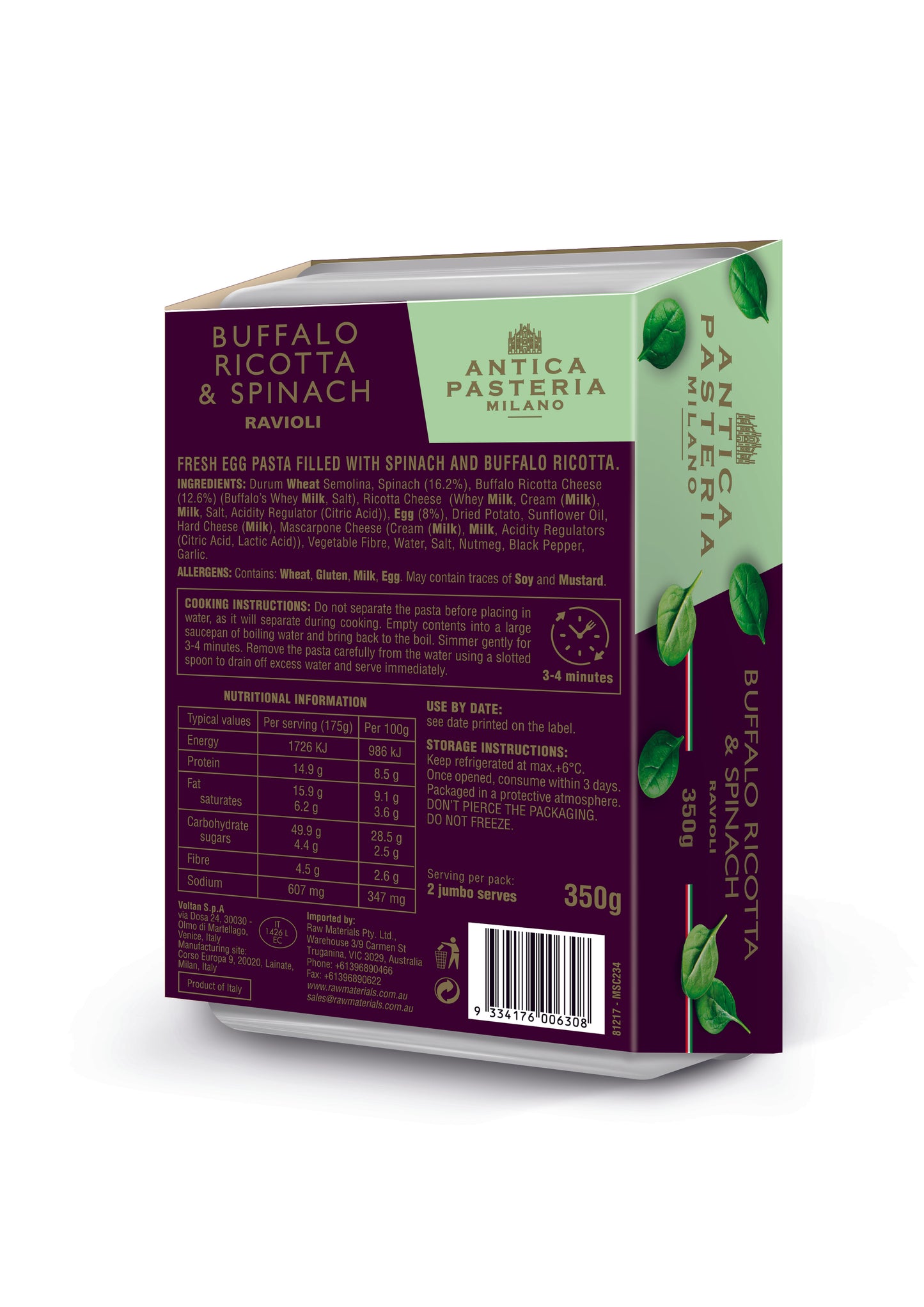 Antica Pasteria Buffalo Ricotta & Spinach Ravioli 350g