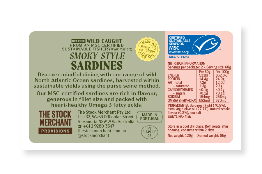 The Stock Merchant MSC Smoked Sardines in Extra Virgin Olive Oil 120g