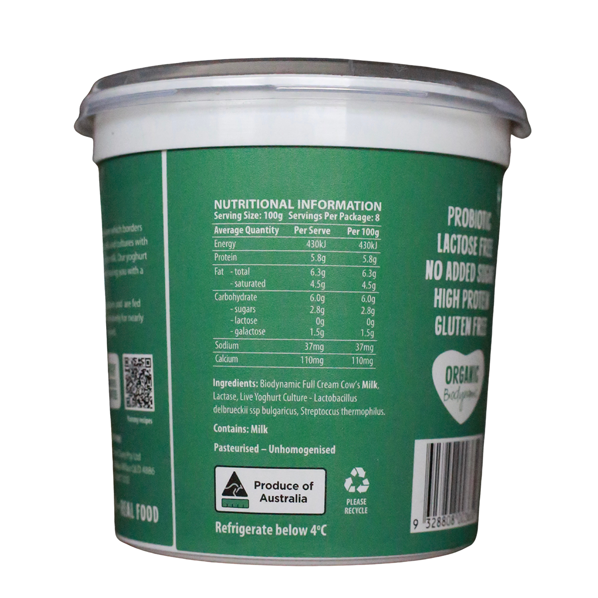 Mungalli Creek Dairy Organic Yogurt Natural Greek 800g