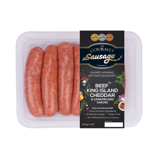 The Gourmet Sausage Beef King Island Cheddar and Caramelised Onion Sausages 500g