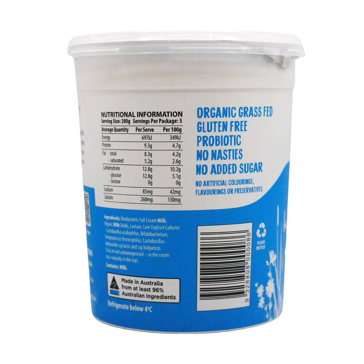 Mungalli Creek Dairy Organic Yogurt Natural Lactose Free 1kg