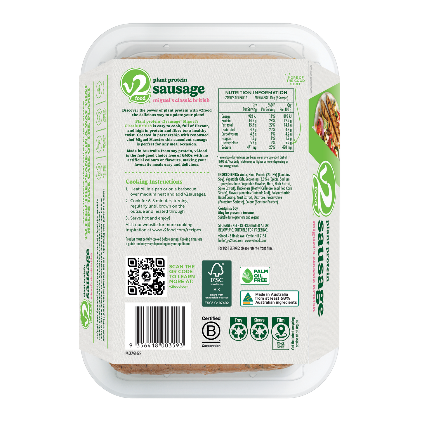 V2Food Plant Protein British Sausage x6 330g