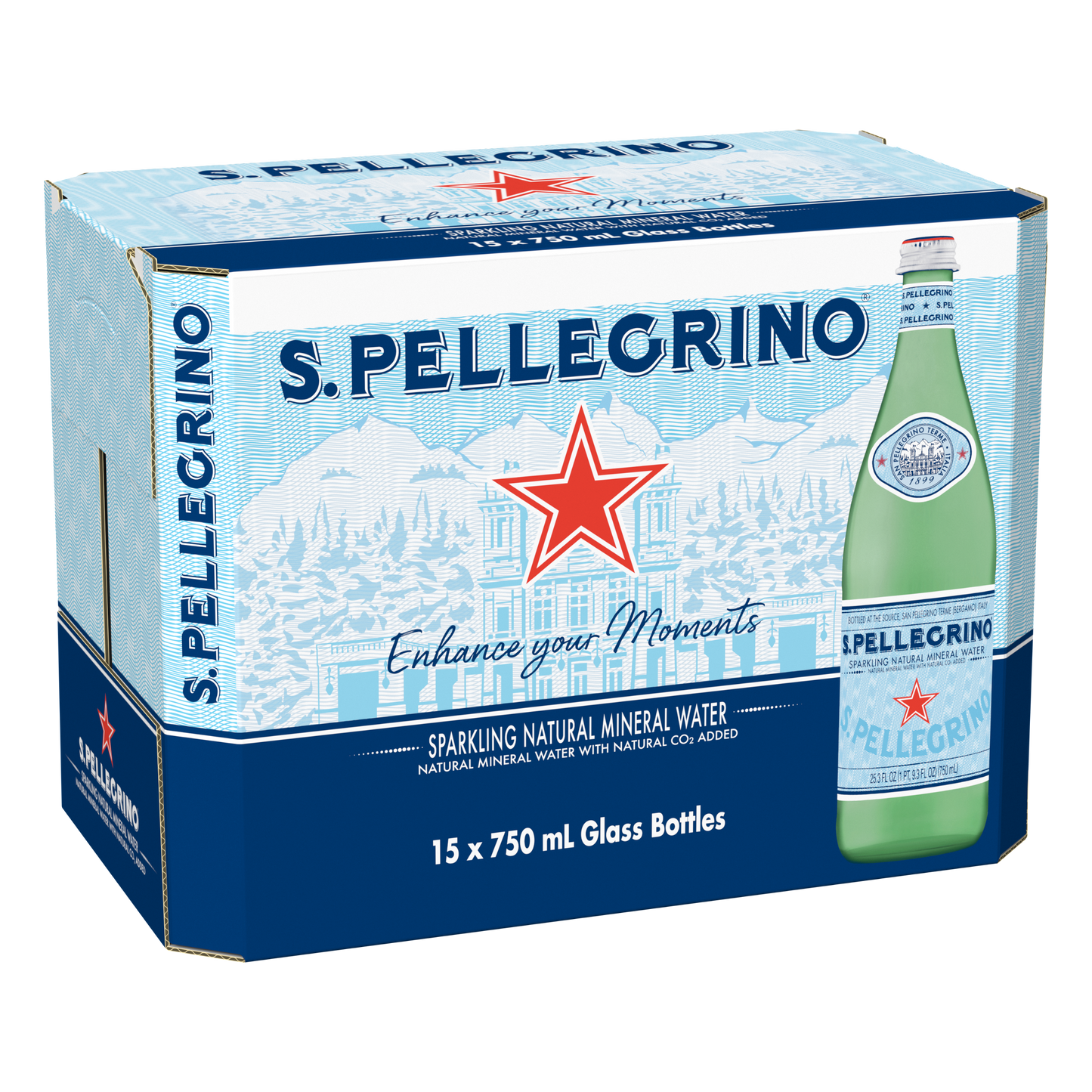 San Pellegrino Sparkling Natural Mineral Water Glass Bottle Twist Top Case 15 x 750ml