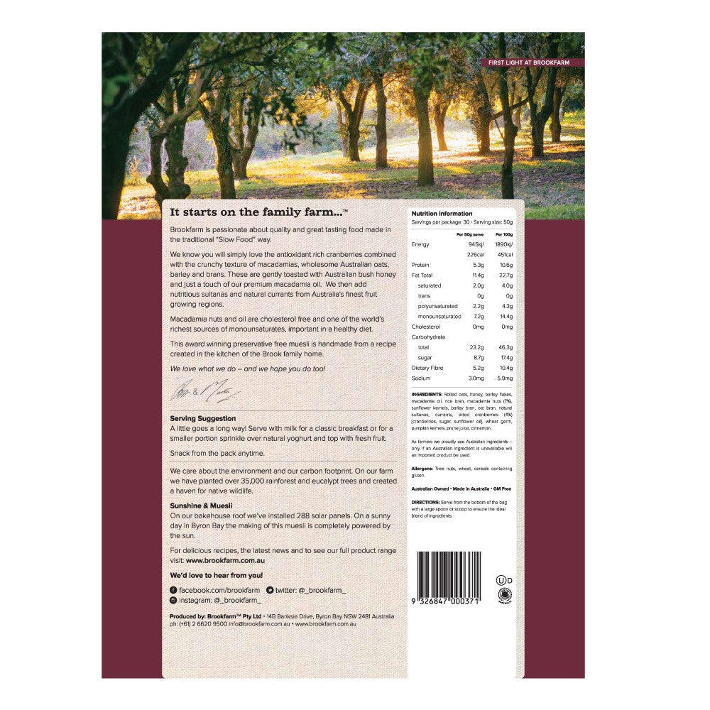 Muesli Toasted Macadamia Cranberries 1.5kg Brookfarm , Grocery-Cereals - HFM, Harris Farm Markets
- 2