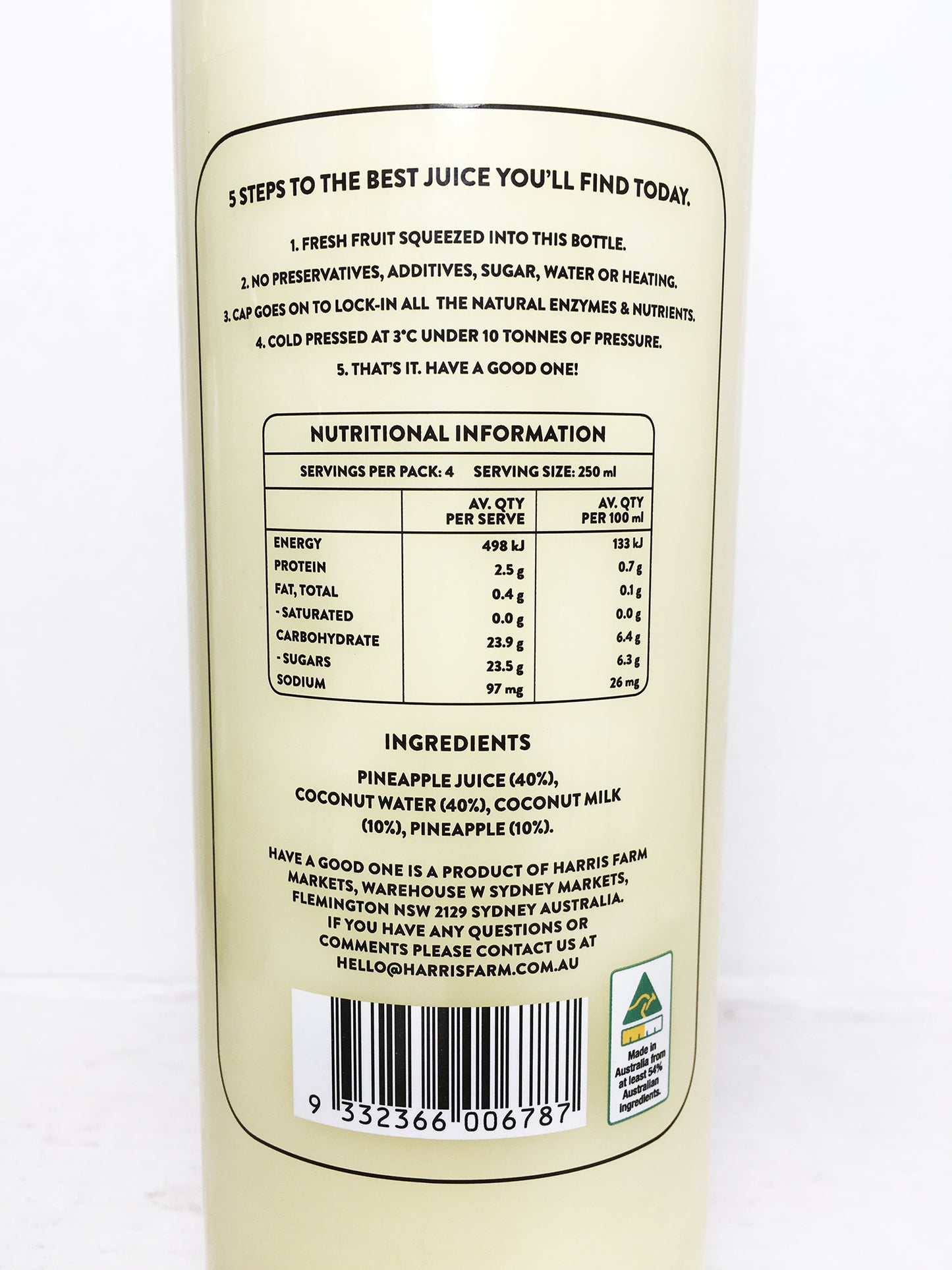 Harris Farm Cold Pressed Pineapple Pina Colada Juice 1L