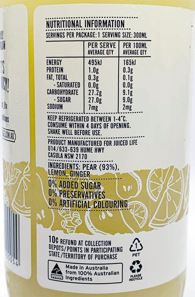 Juiced Life Cold Pressed Pear Ginger and Lemon Juice | Harris Farm Online