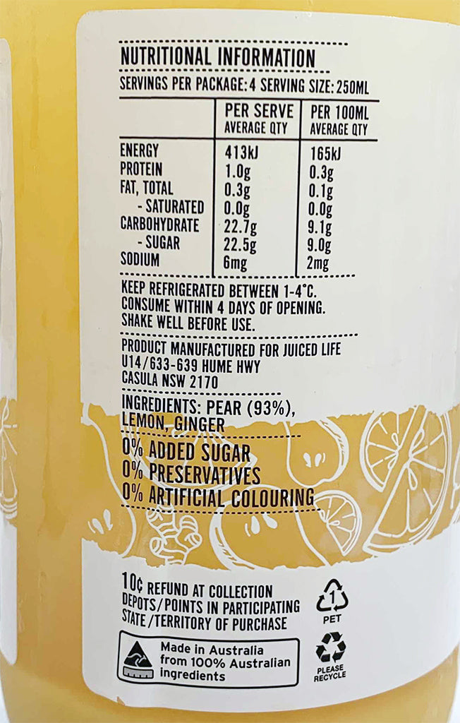 Juiced Life Cold Pressed Pear Ginger and Lemon Juice | Harris Farm Online