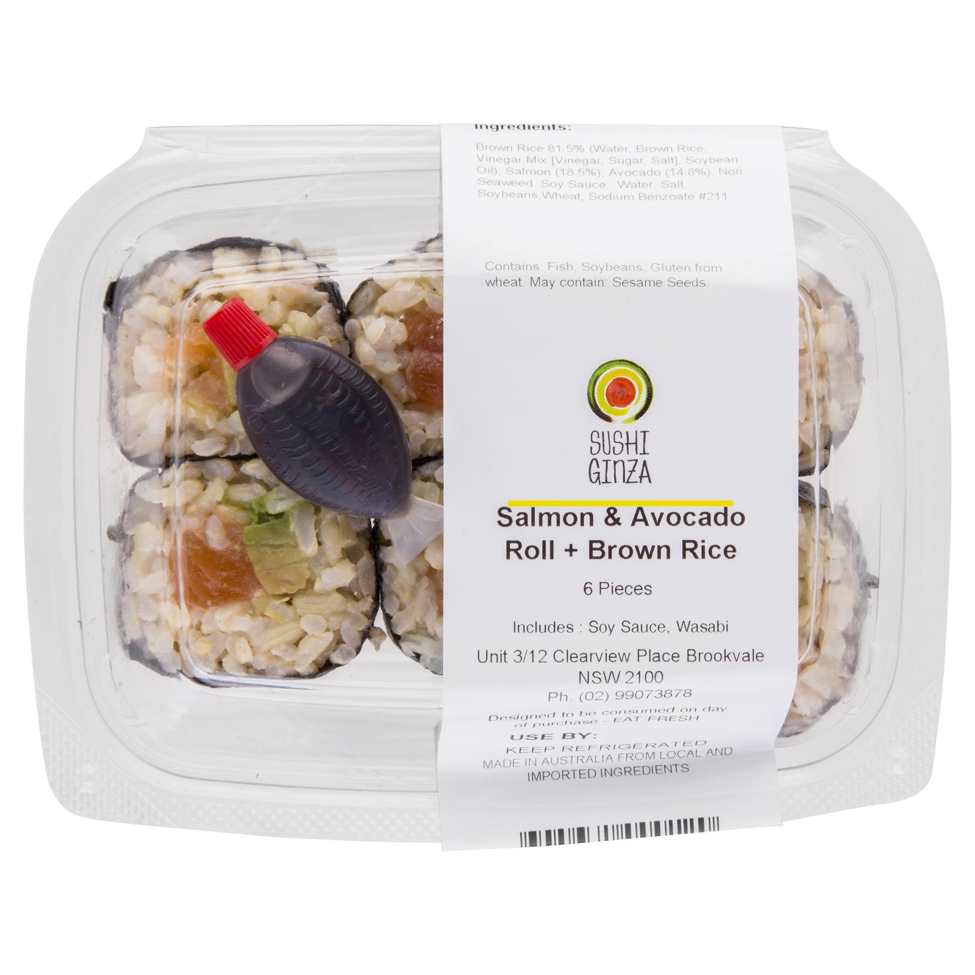 Ginza Salmon & Avocado Brown Rice Sushi 6 pieces , Frdg3-Meals - HFM, Harris Farm Markets