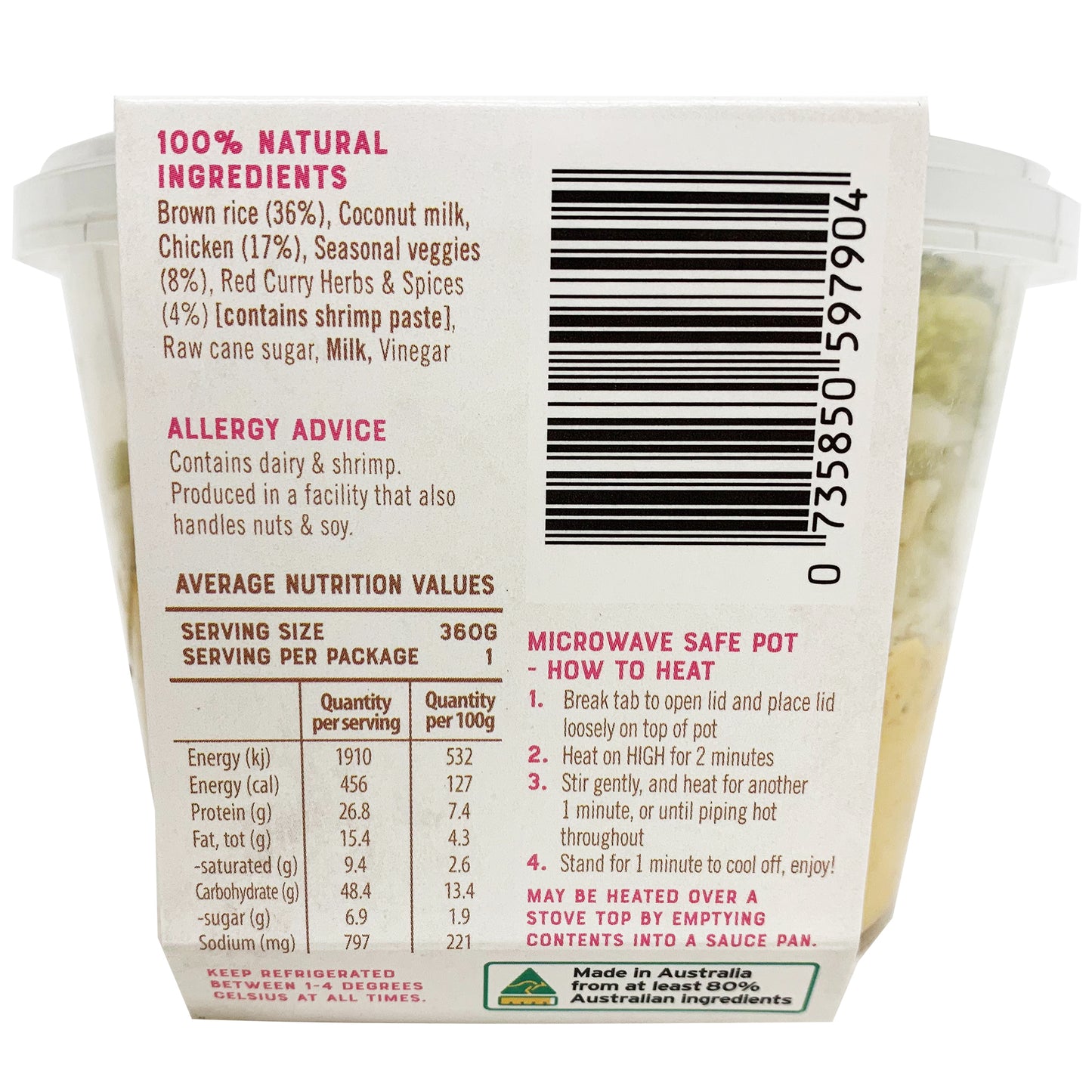 Thai to Go - Mild Red Chicken Curry - with Brown Rice and Seasonal Veggies (360g)