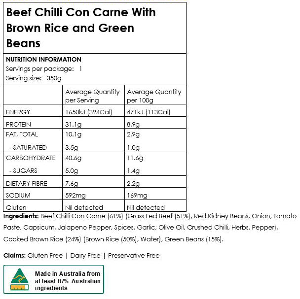 Grass Fed Beef Chilli Con Carne with Brown Rice and Green Beans | Harris Farm Online