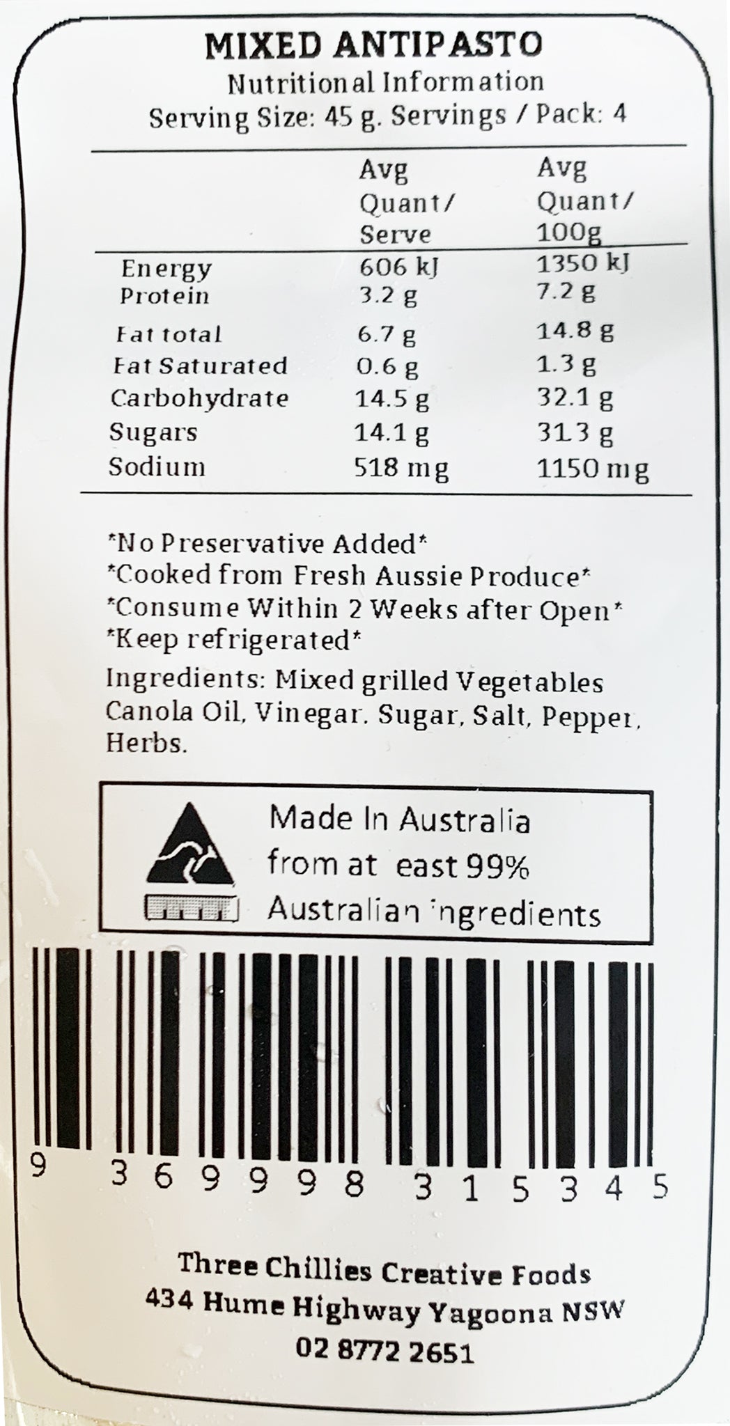 Three Chillies Australian Mixed Antipasto | Harris Farm Online