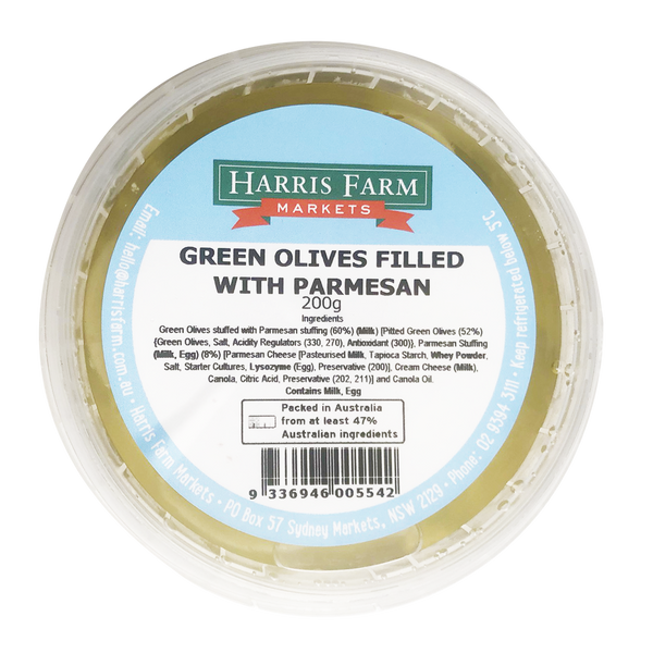 Harris Farm Green Olives with Parmesan 200g Harris Farm Markets