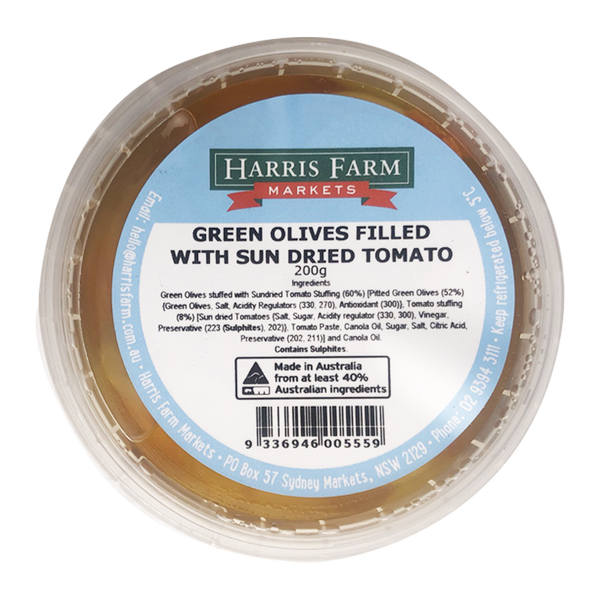 Harris Farm Green Olives with Sun Dried Tomato 200g