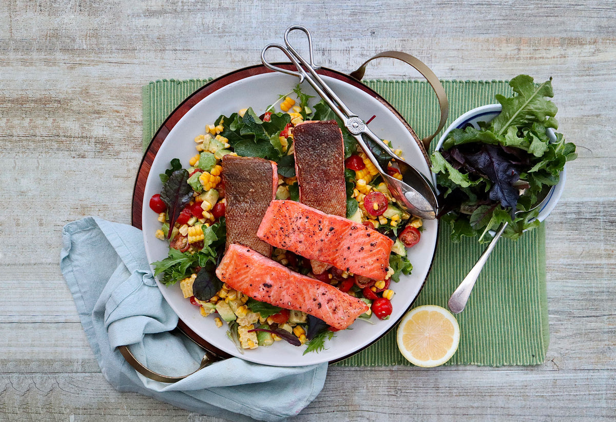 Crispy Ocean Trout - with Corn Avocado and Tomato Salad | Harris  Farm Online