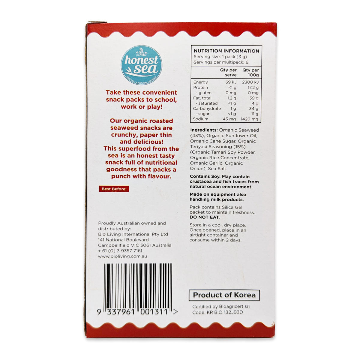 Honest Sea Organic Roasted Seaweed Snack Teriyaki 6 x 3g | Harris Farm Online