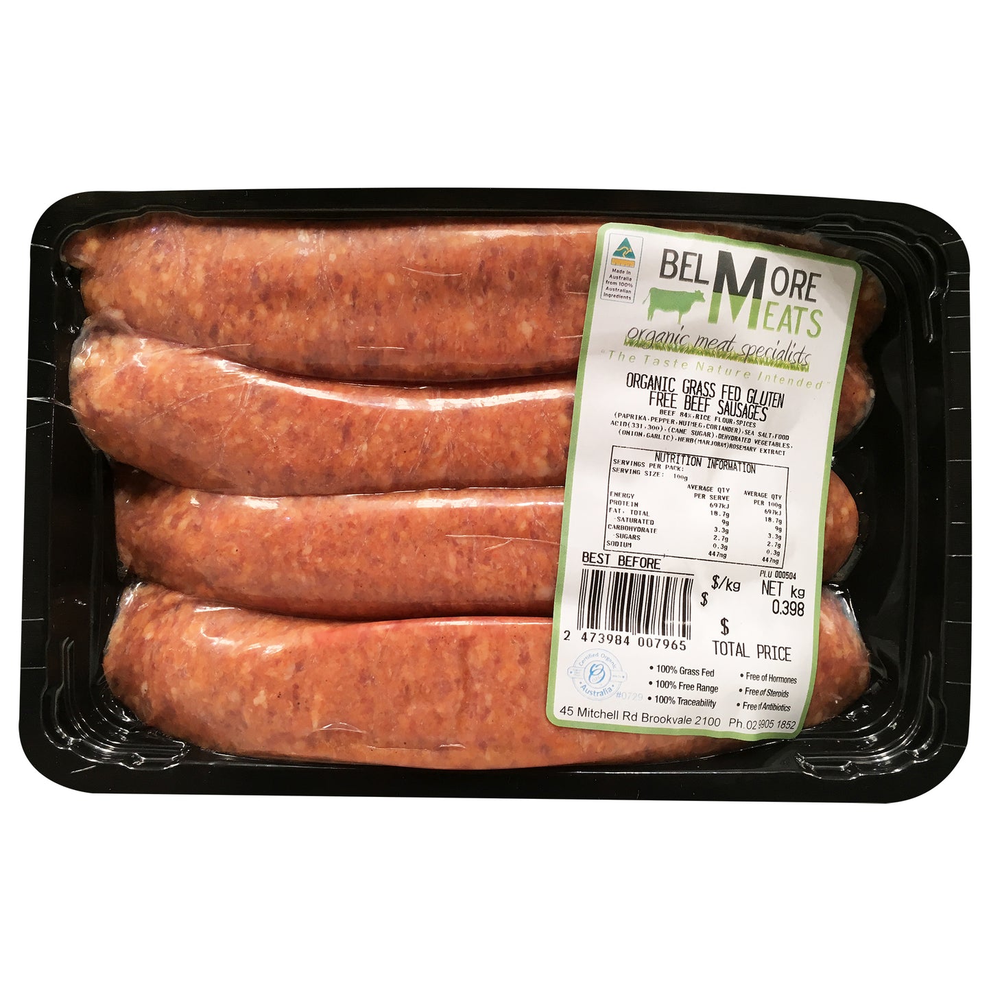 Belmore Organic Grass Fed Gluten Free Beef Sausages 250-350g
