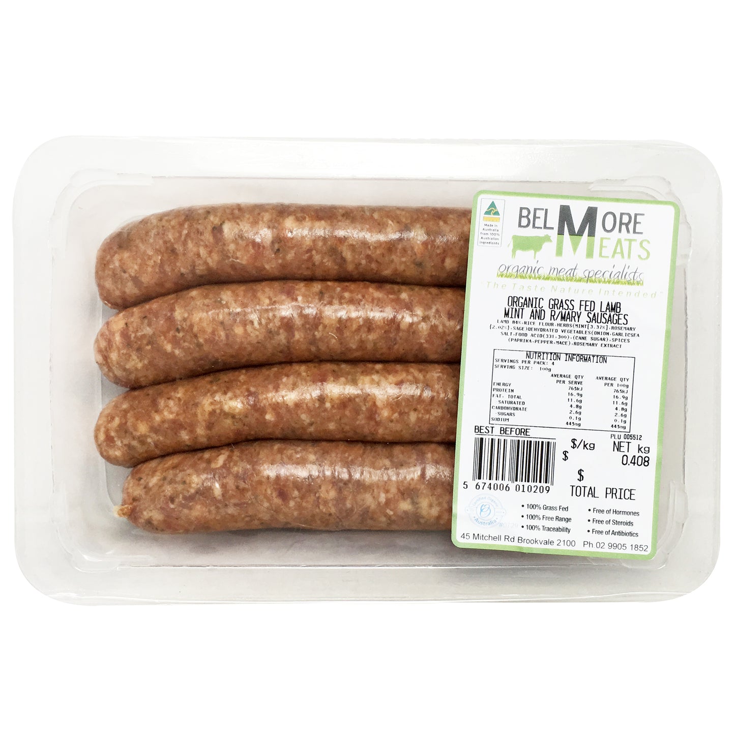 Belmore Organic Grass Fed Lamb Mint and Rosemary Sausages 200-400g