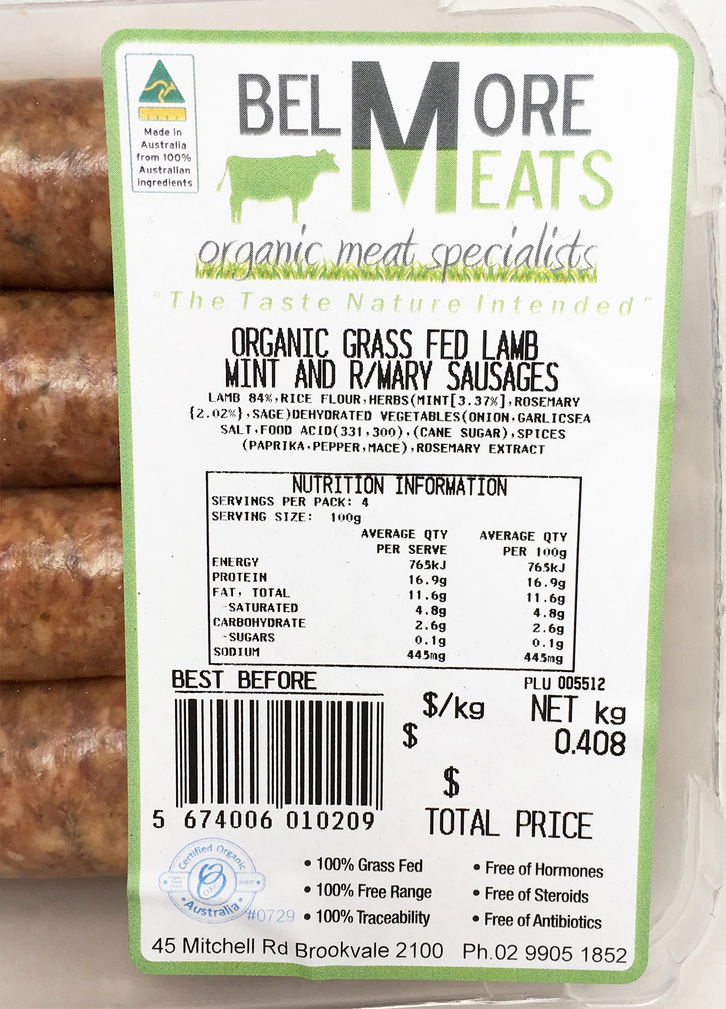 Belmore Organic Grass Fed Lamb Mint and Rosemary Sausages 200-400g