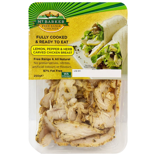 Mt Barker Fully Cooked and Ready to Eat Lemon, Pepper and Herb Carved Chicken Breast 250g