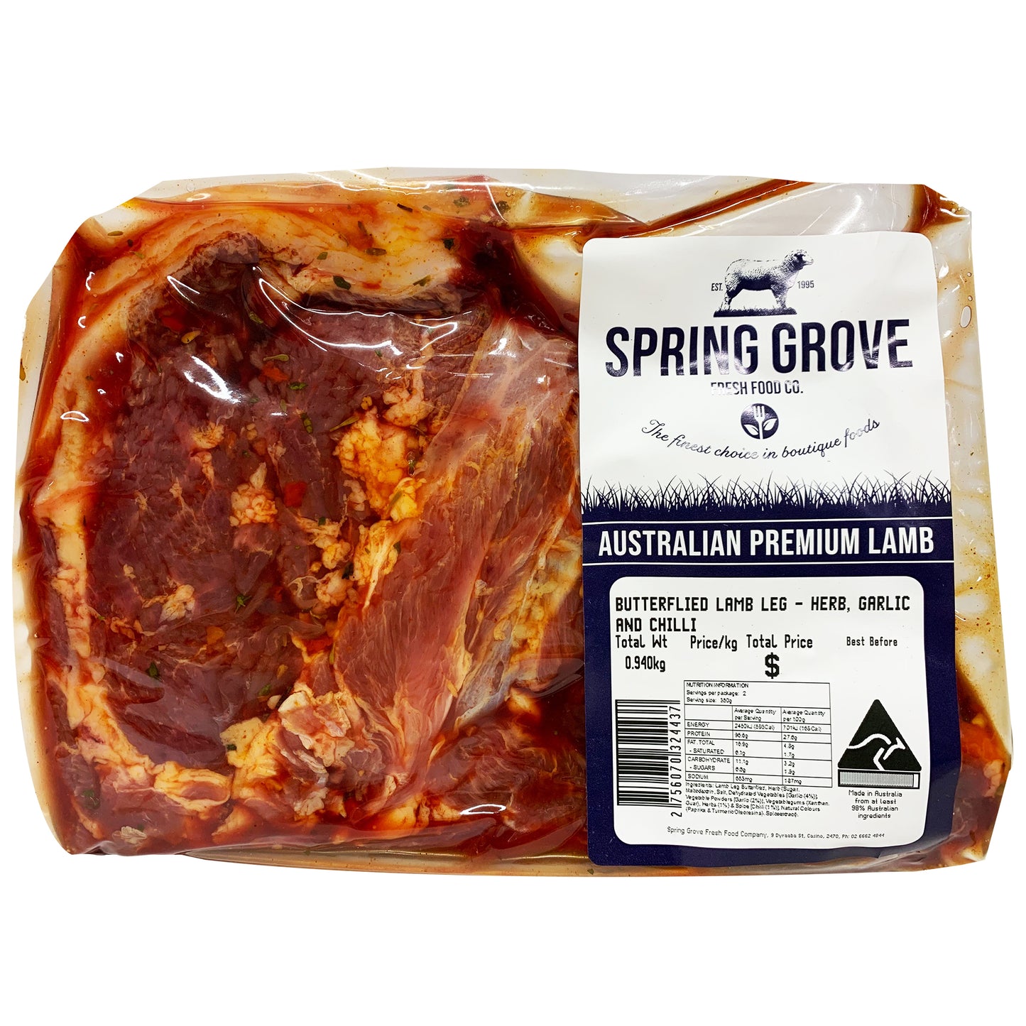 Lamb - Leg Butterflied - Herbs, Garlic and Chilli (800g-1.2kg) Spring Grove