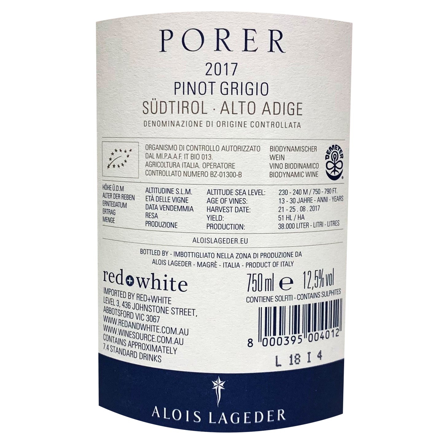 Alois Lageder Pinot Grigio Porer Alto Adige Italy 750ml