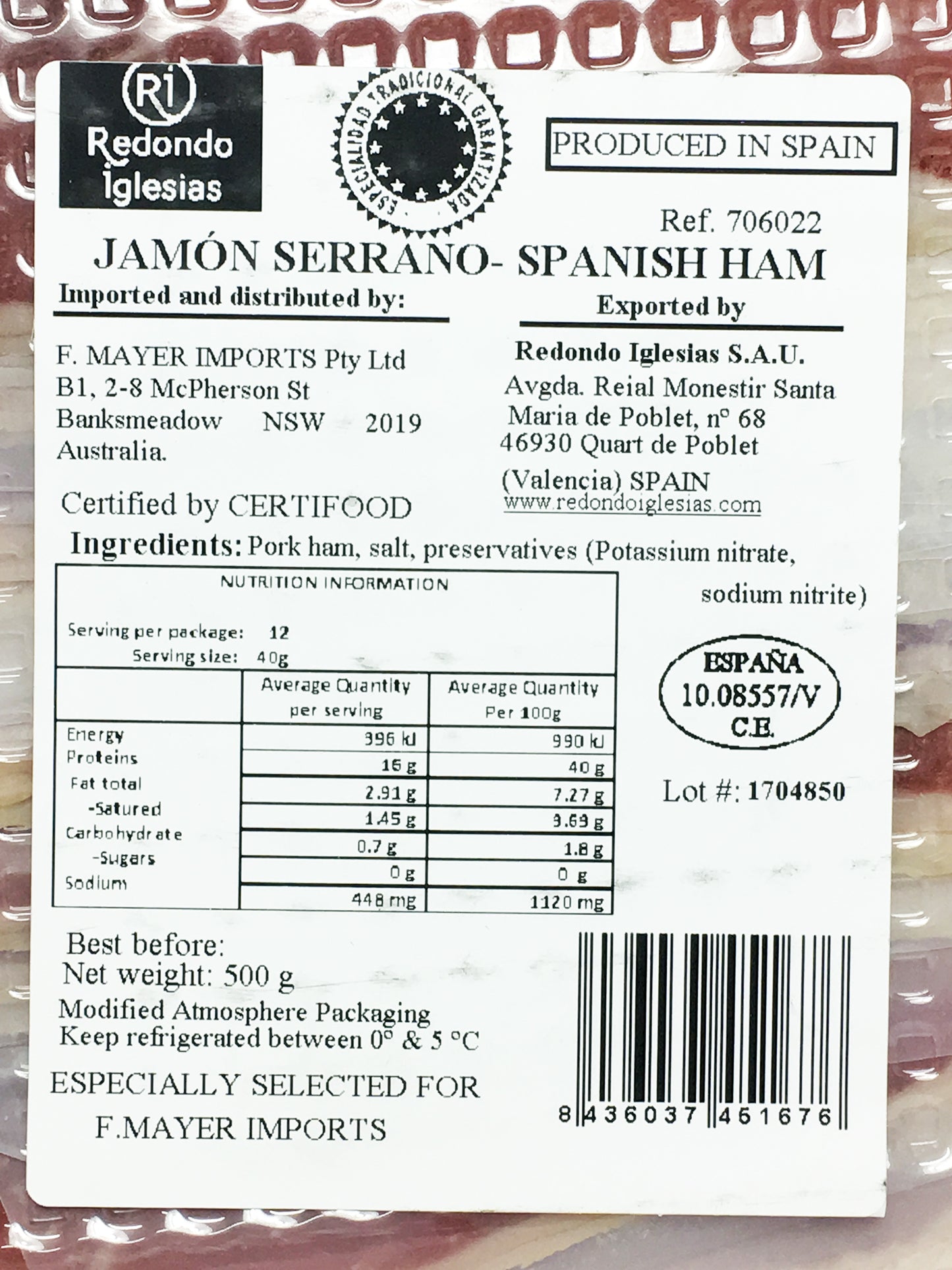 Deli - Jamon Serrano Sliced (500g) Redondo Iglesias