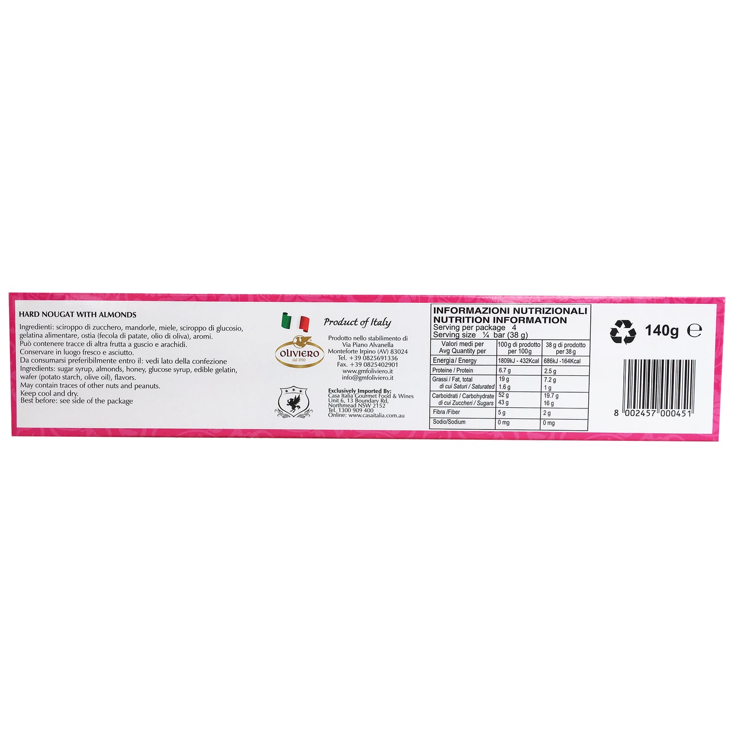 Oliviero - Torrone - Hard Nougat with Almonds (140g)