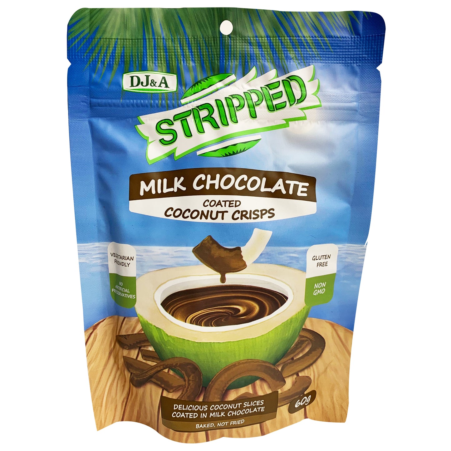 DJ and A Stripped Coconut Crisps Coated in Milk Chocolate 60g
